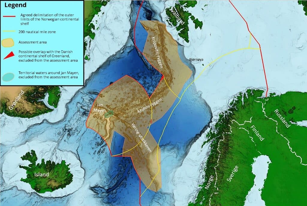 Map showing Norway's proposed deep-sea mining area in various colours