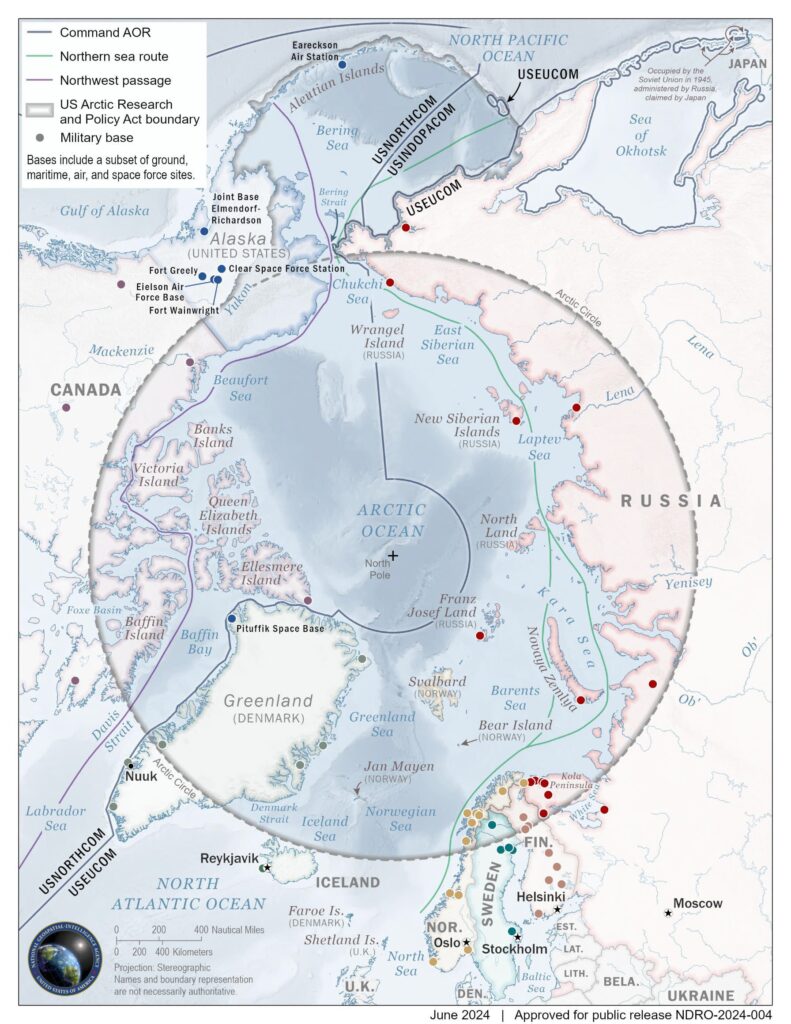 Pentagon's 2024 Arctic strategy map, highlighting military presence and jurisdiction.