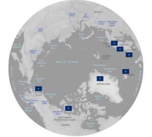 A North polar view of the earth, showing the Arctic region and NATO flags in each of the Arctic countries which are a part of the NATO alliance