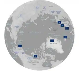 A North polar view of the earth, showing the Arctic region and NATO flags in each of the Arctic countries which are a part of the NATO alliance