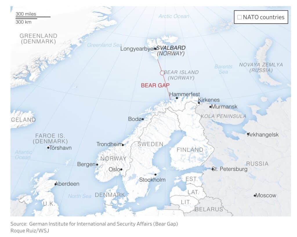 Arctic map showing the the strategically critical Bear Gap between Norway and Svalbard