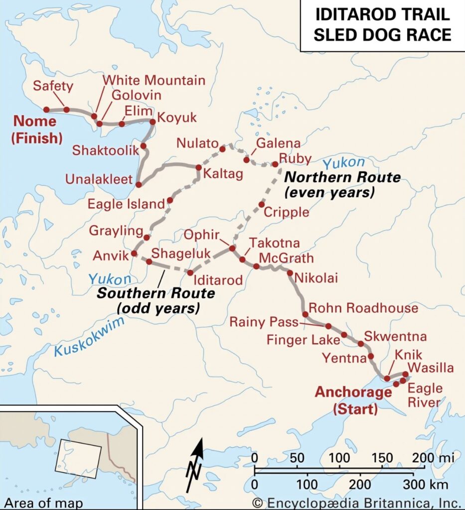 Map showing the trail of the Iditarod Trail Sled Dog Race in Alaska